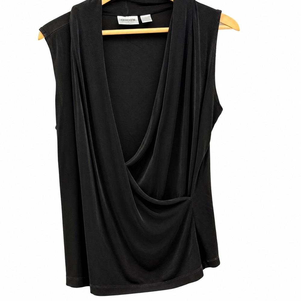Chico's Travelers Black Sleeveless Draped Cowl Neck Top Size 3 Stretch
